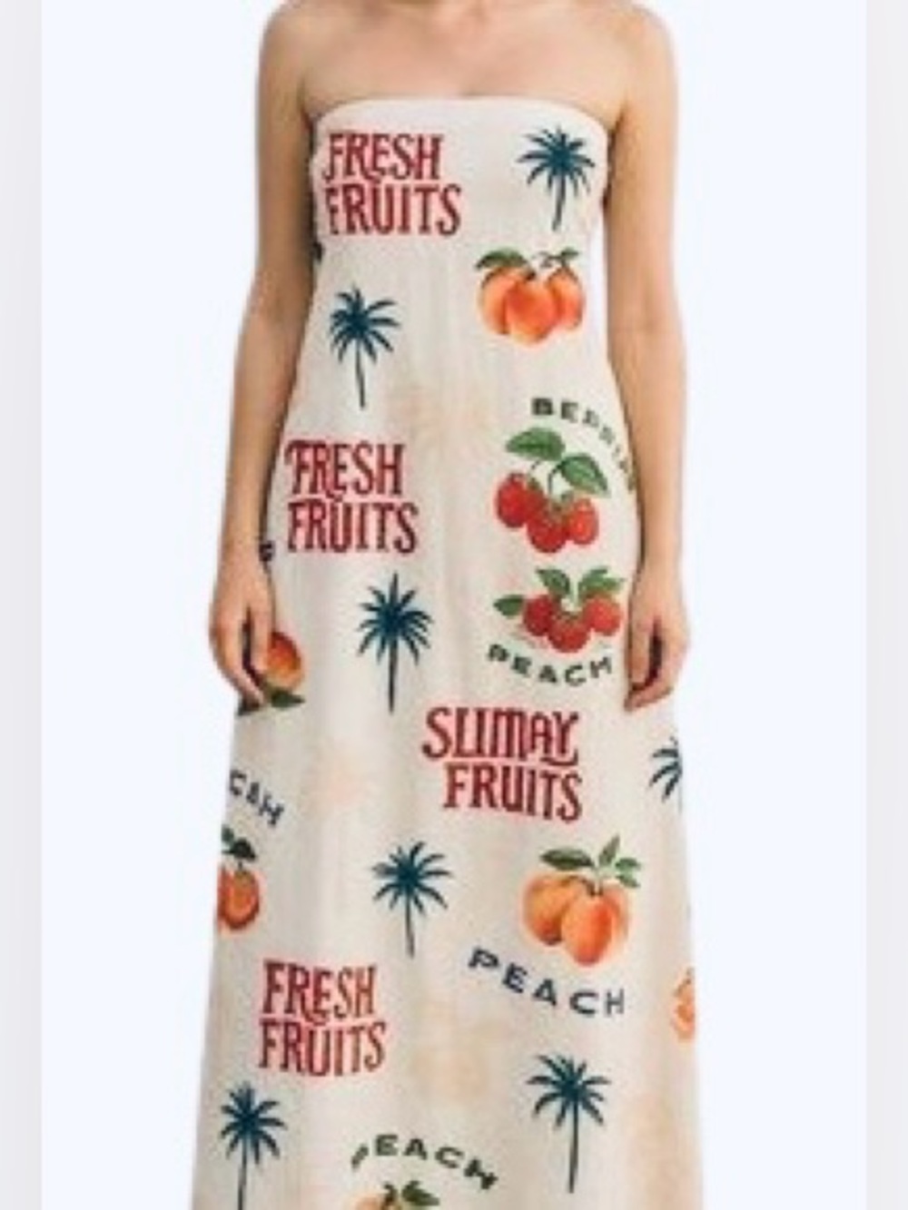Fresh Fruit PAPER HEART Strawberries Peaches Strapless Dress Linen Resort Summer